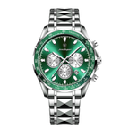 POEDAGAR 815 chronograph watch with silver case and green dial, front view