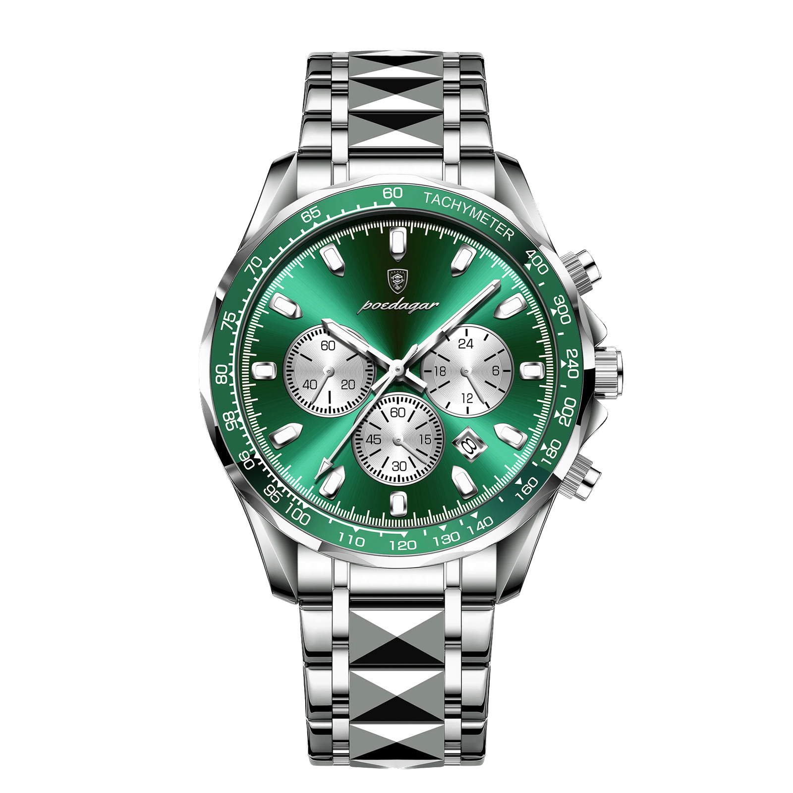 POEDAGAR 815 chronograph watch with silver case and green dial, front view