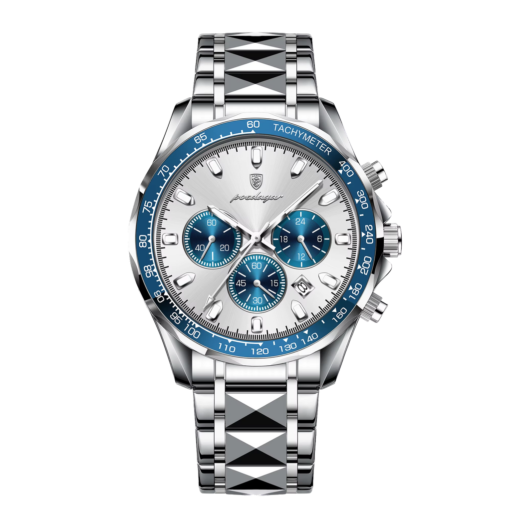 POEDAGAR 815 men's chronograph watch with white dial and blue tachymeter bezel, front view