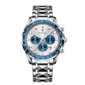 POEDAGAR 815 men's chronograph watch with white dial and blue tachymeter bezel, front view
