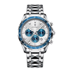 POEDAGAR 815 men's chronograph watch with white dial and blue tachymeter bezel, front view