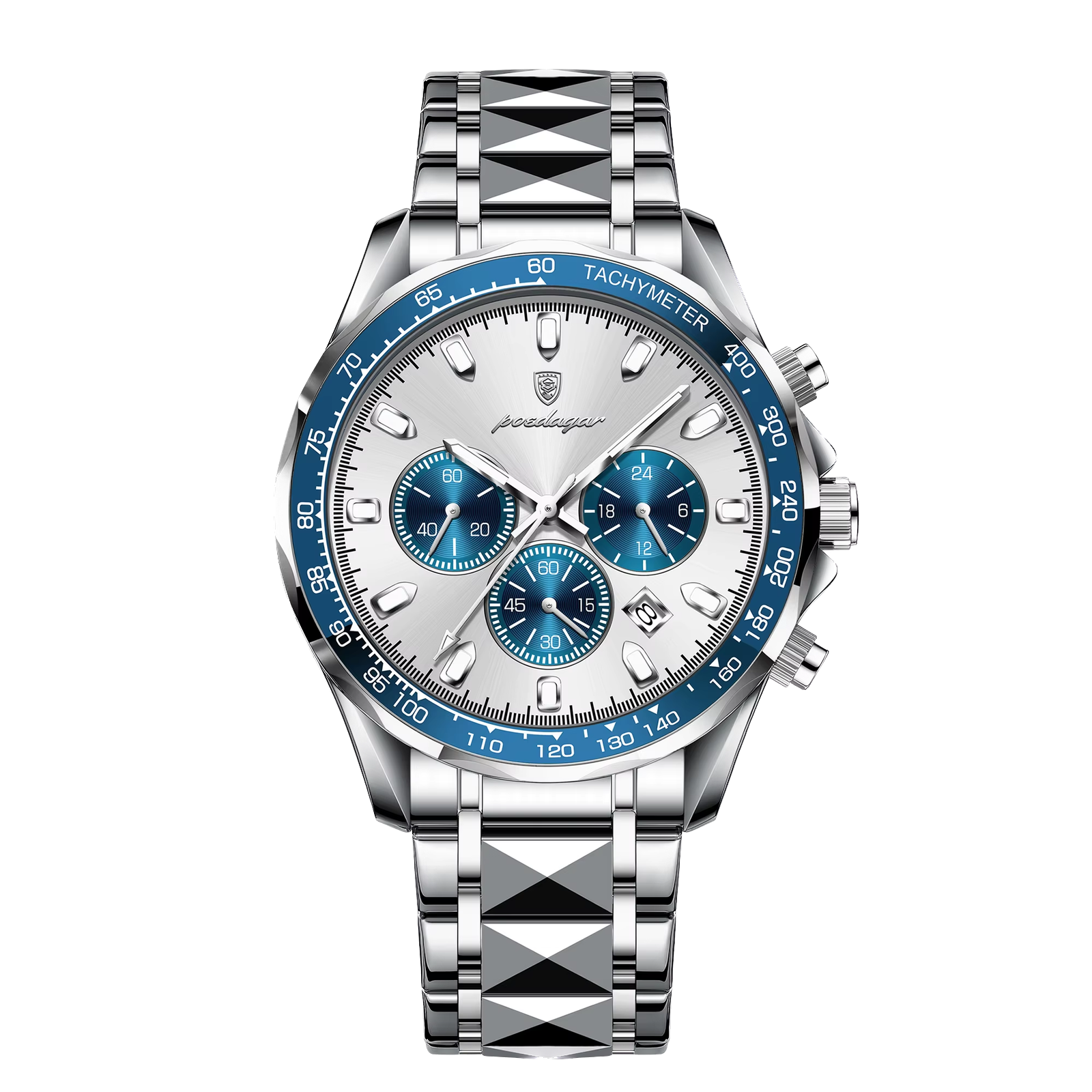 POEDAGAR 815 men's chronograph watch with white dial and blue tachymeter bezel, front view