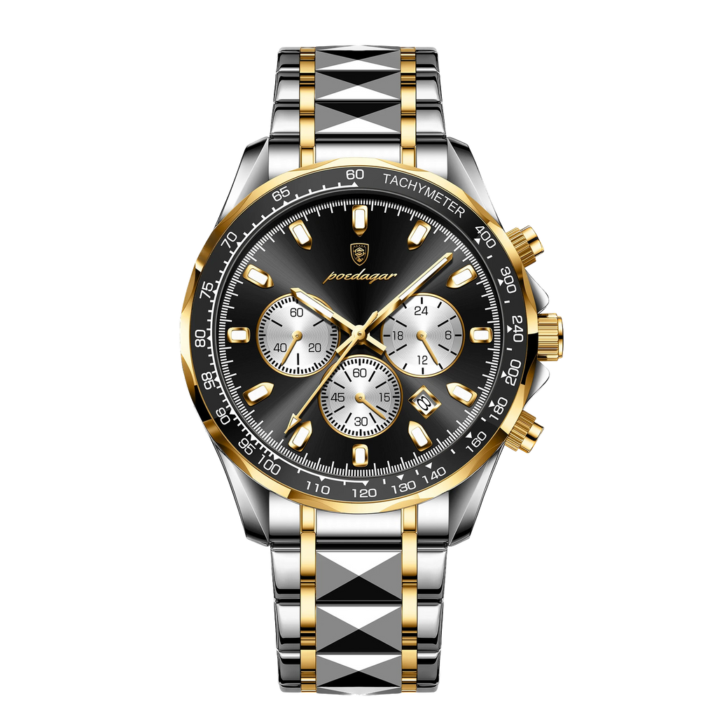 POEDAGAR 815 chronograph watch with black dial and two-tone bracelet, front view