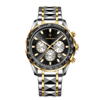 POEDAGAR 815 chronograph watch with black dial and two-tone bracelet, front view