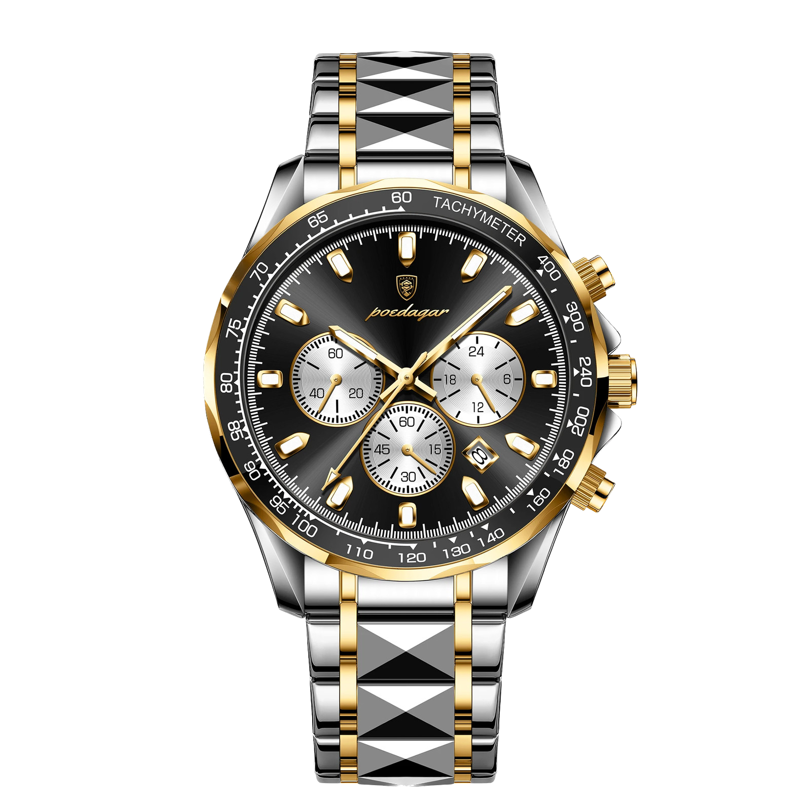 POEDAGAR 815 chronograph watch with black dial and two-tone bracelet, front view
