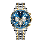 POEDAGAR 815 chronograph watch blue dial with two-tone silver and gold bracelet, front