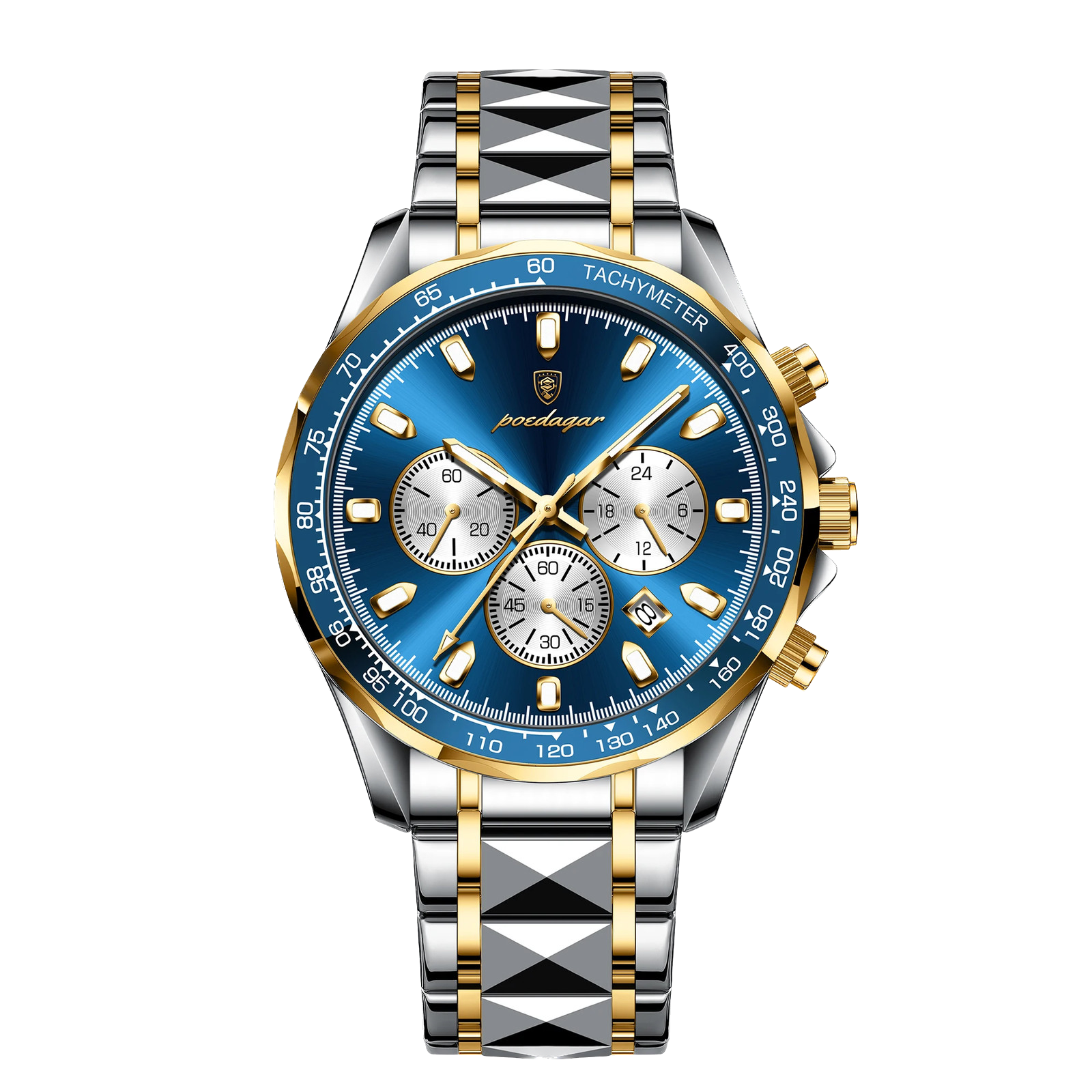 POEDAGAR 815 chronograph watch blue dial with two-tone silver and gold bracelet, front