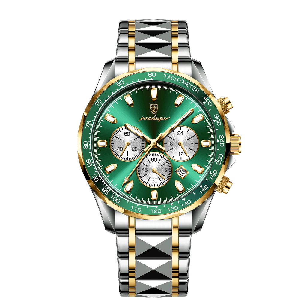 POEDAGAR 815 chronograph watch with green dial, gold bezel and two-tone bracelet, front view