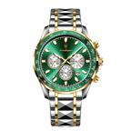POEDAGAR 815 chronograph watch with green dial, gold bezel and two-tone bracelet, front view