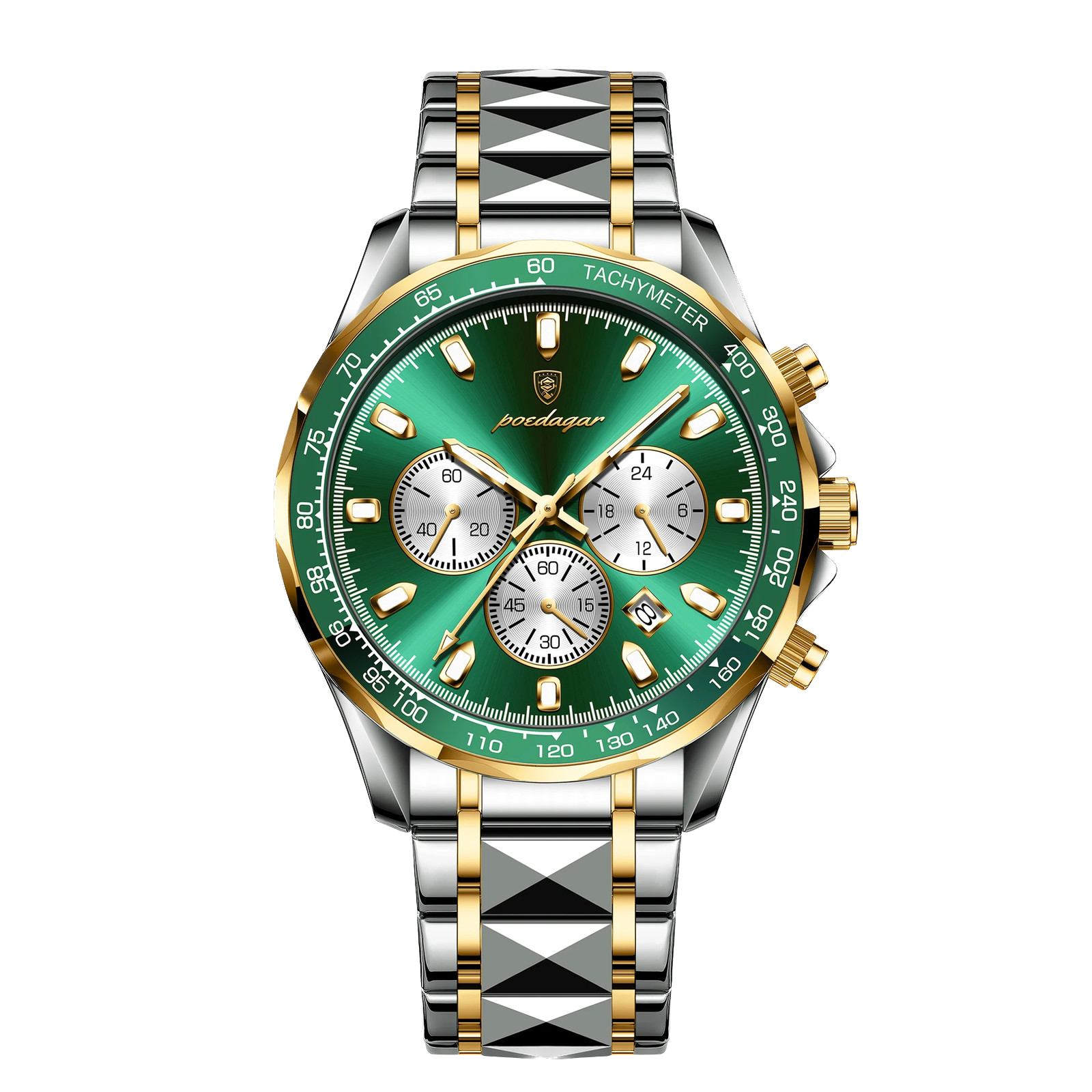 POEDAGAR 815 chronograph watch with green dial, gold bezel and two-tone bracelet, front view