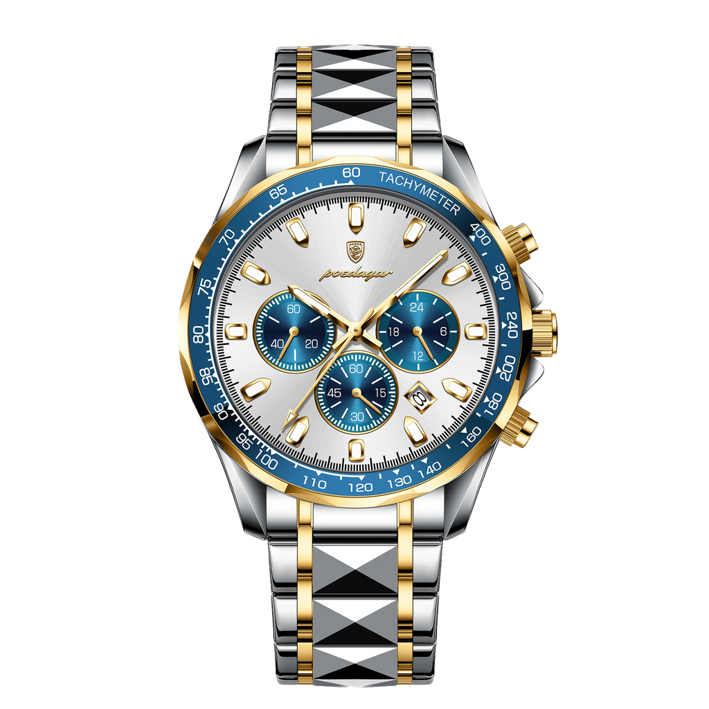 POEDAGAR 815 chronograph watch white dial with blue subdials and two-tone bracelet, front