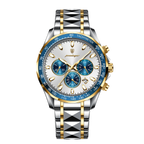 POEDAGAR 815 chronograph watch white dial with blue subdials and two-tone bracelet, front