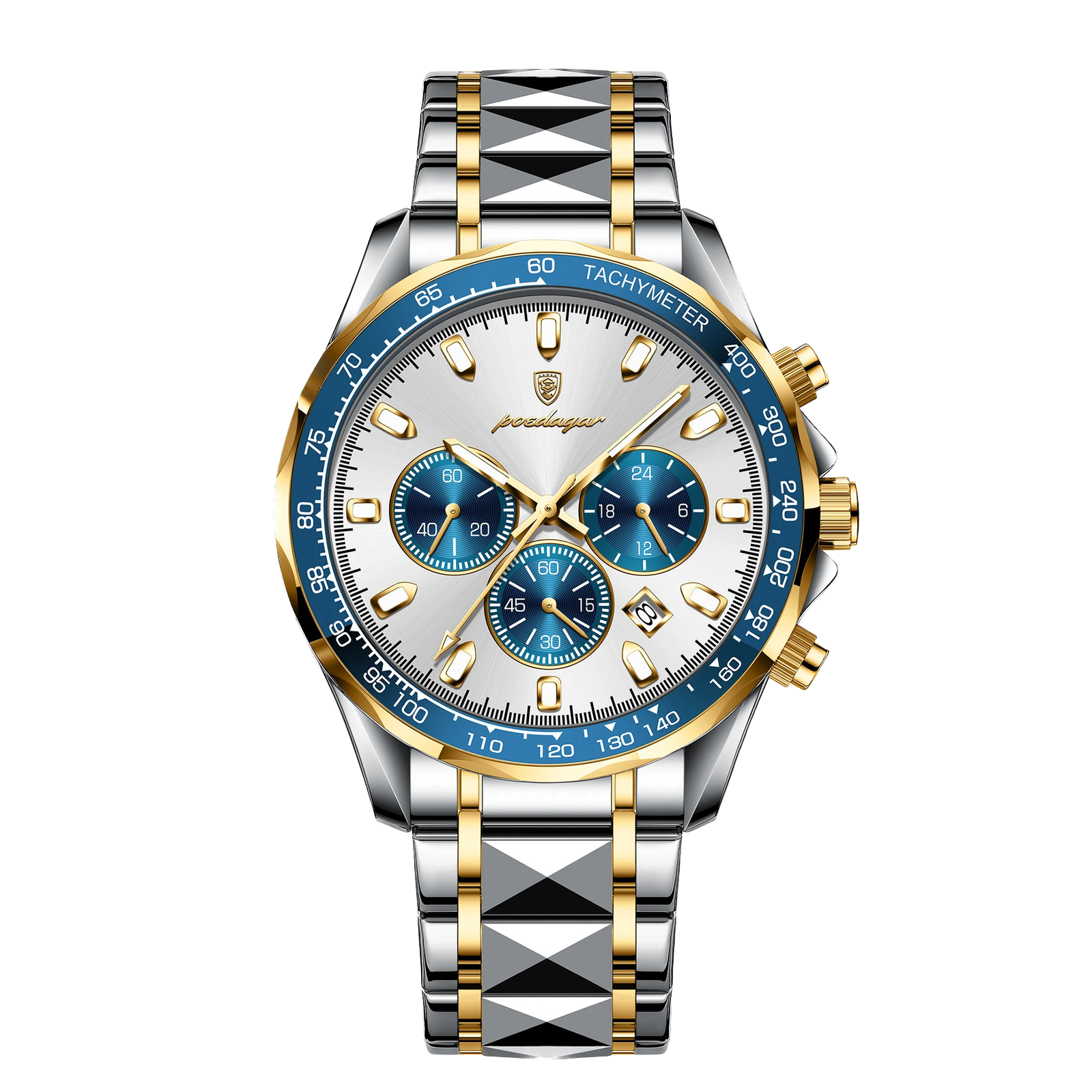 POEDAGAR 815 chronograph watch white dial with blue subdials and two-tone bracelet, front