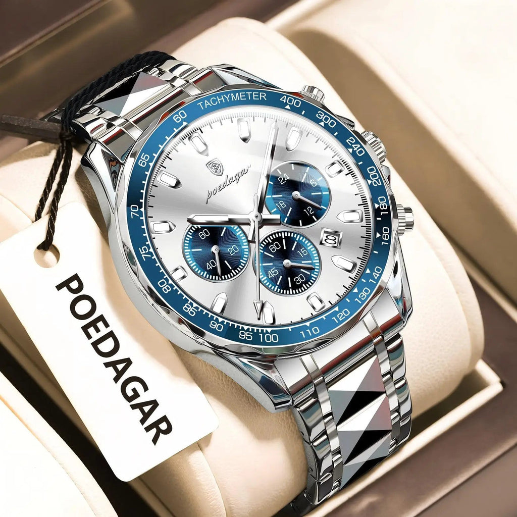 POEDAGAR 815 chronograph watch white dial blue bezel angled detail with brand tag