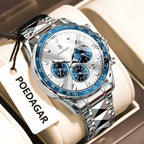 POEDAGAR 815 chronograph watch white dial blue bezel angled detail with brand tag