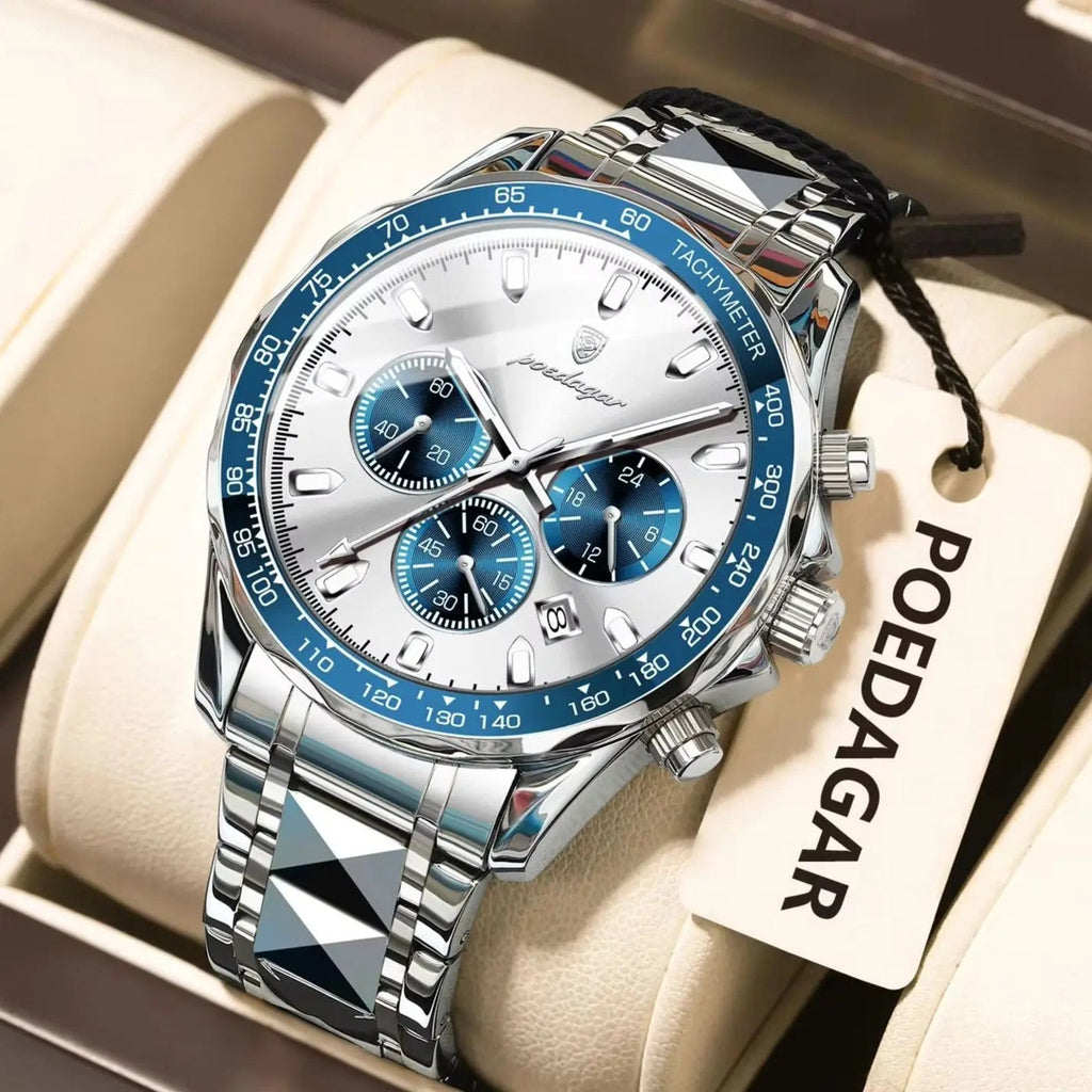 POEDAGAR 815 chronograph white dial blue tachymeter side detail with crown visible