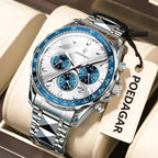 POEDAGAR 815 chronograph white dial blue tachymeter side detail with crown visible