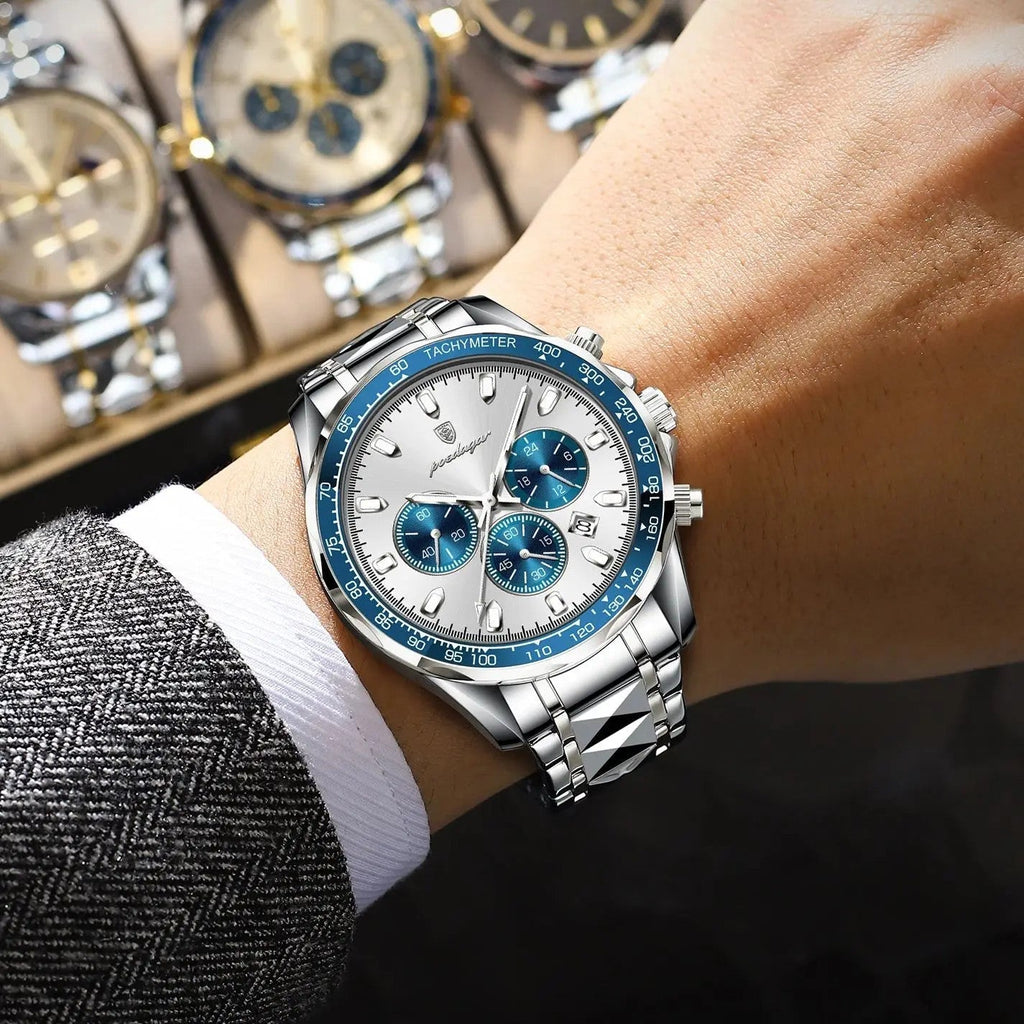 POEDAGAR 815-WH1 mens quartz chronograph with white dial blue tachymeter bezel and steel bracelet on wrist
