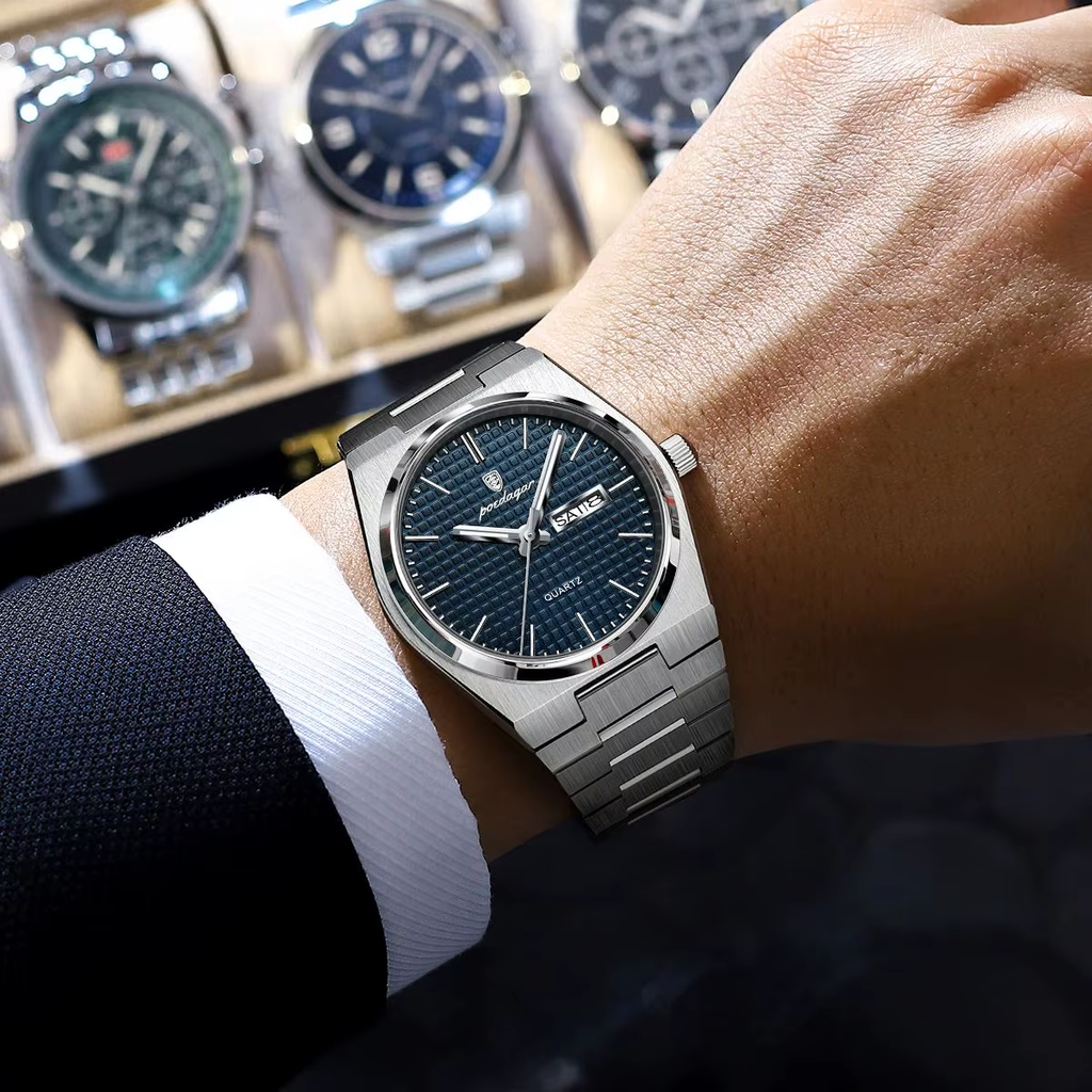 POEDAGAR 821S-1 mens quartz waterproof watch with blue textured dial and steel bracelet worn on wrist