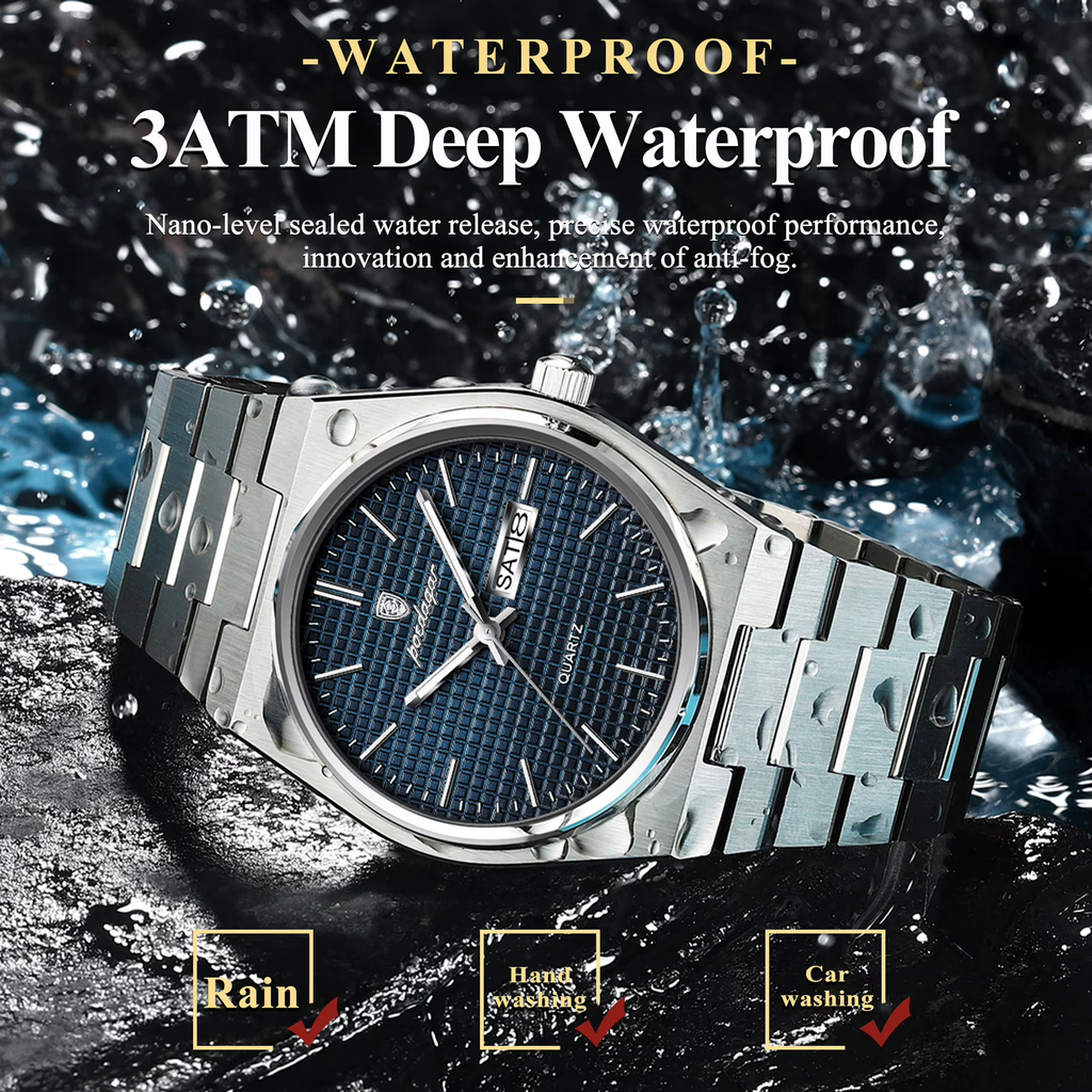 POEDAGAR 821S quartz 3ATM waterproof specification graphic with water splash