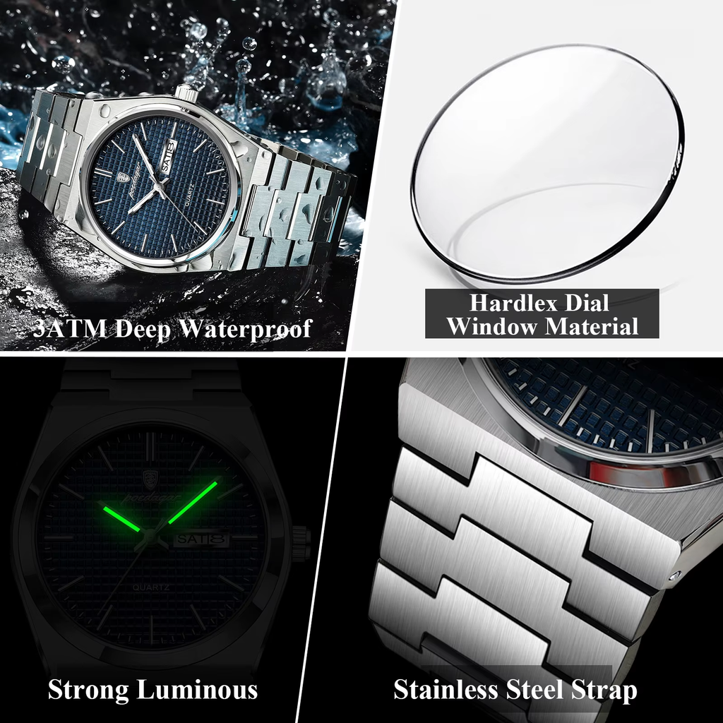 POEDAGAR 821S quartz feature graphic showing waterproof, hardlex, luminous and steel strap