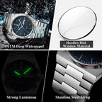 POEDAGAR 821S quartz feature graphic showing waterproof, hardlex, luminous and steel strap