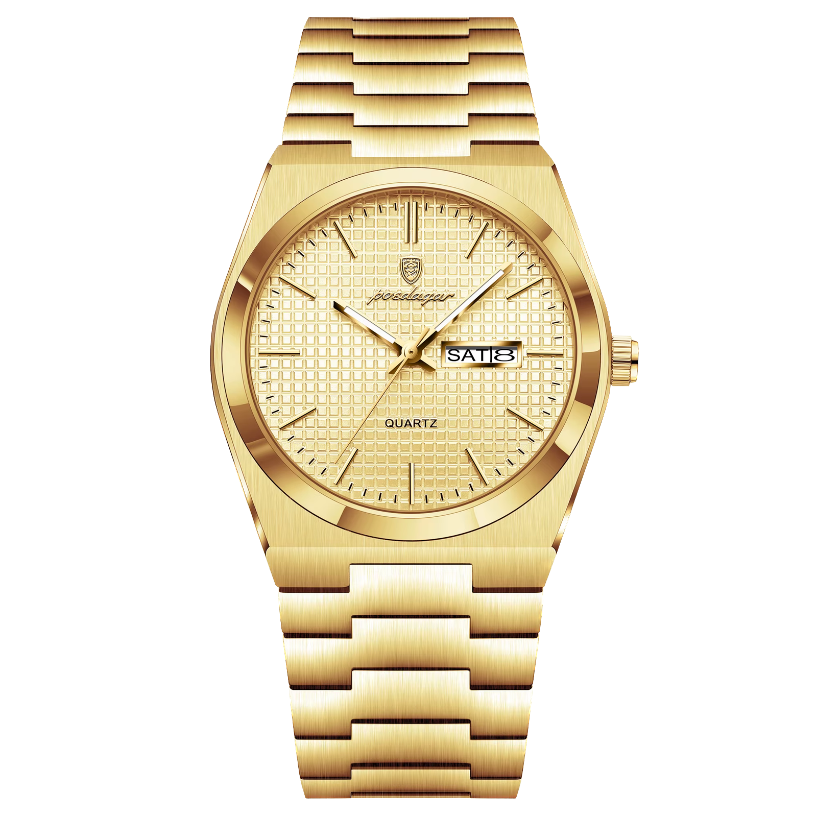 POEDAGAR 821S quartz watch with all-gold case, dial and bracelet, front view