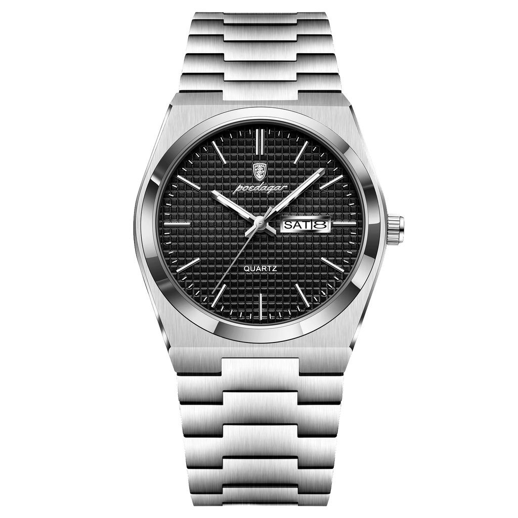 POEDAGAR 821S quartz watch with silver case and black textured dial, front view