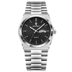 POEDAGAR 821S quartz watch with silver case and black textured dial, front view