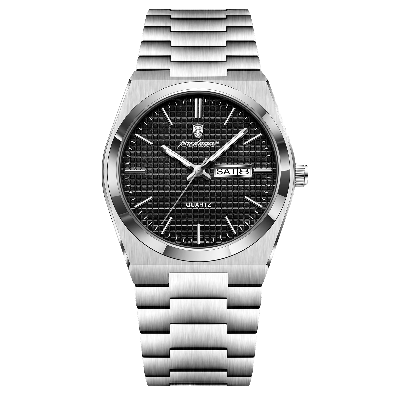 POEDAGAR 821S quartz watch with silver case and black textured dial, front view