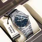 POEDAGAR 821S quartz watch silver case blue textured dial angled detail with brand tag