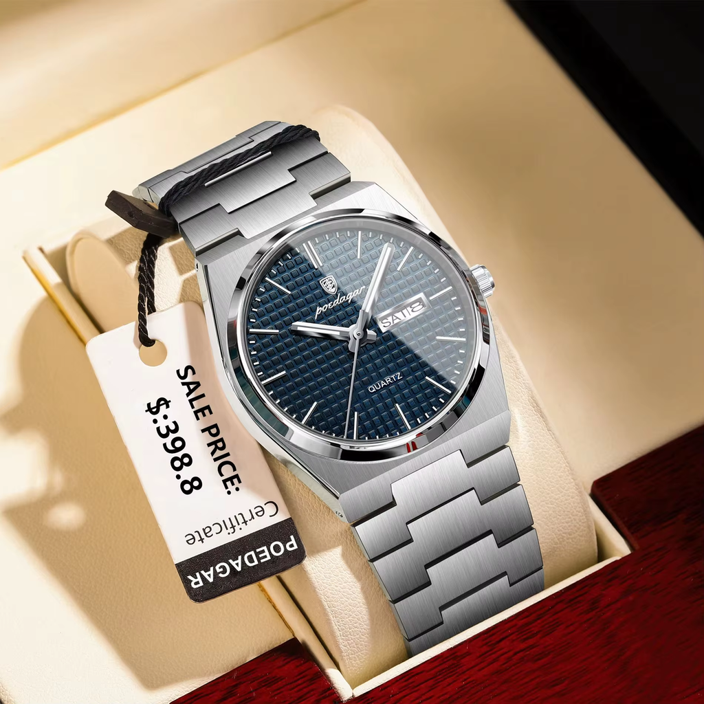 POEDAGAR 821S quartz watch silver blue dial side detail showing crown