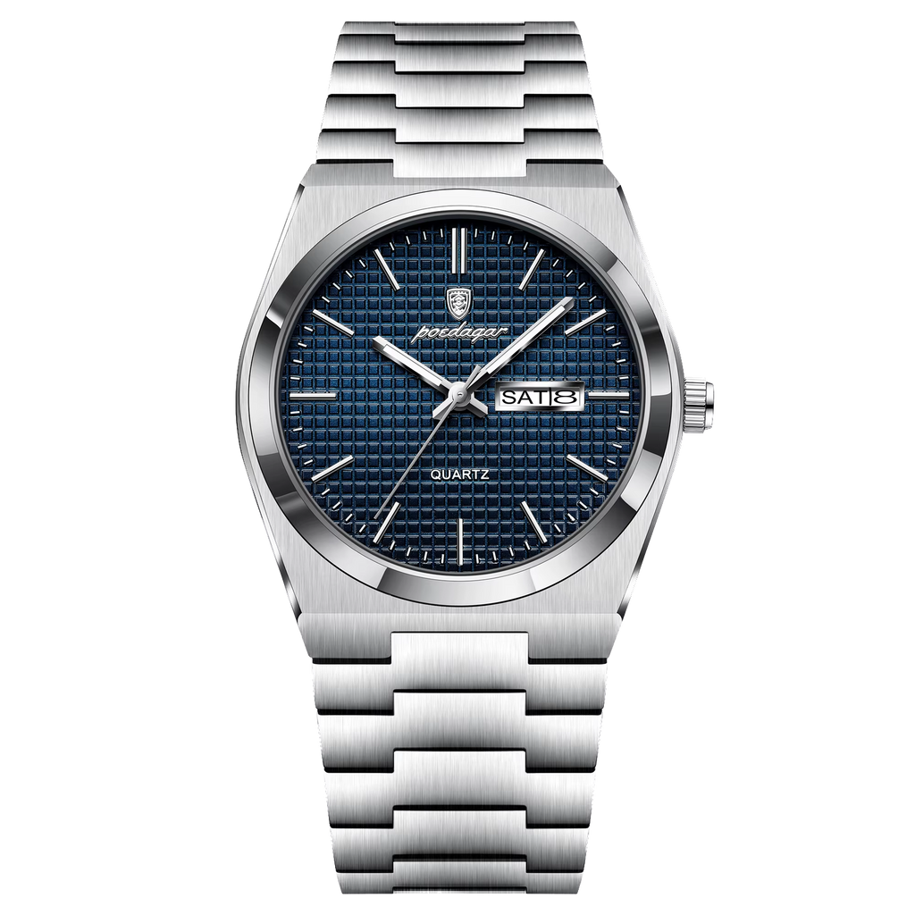 POEDAGAR 821S quartz watch with silver case and blue textured dial, front view