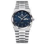 POEDAGAR 821S quartz watch with silver case and blue textured dial, front view