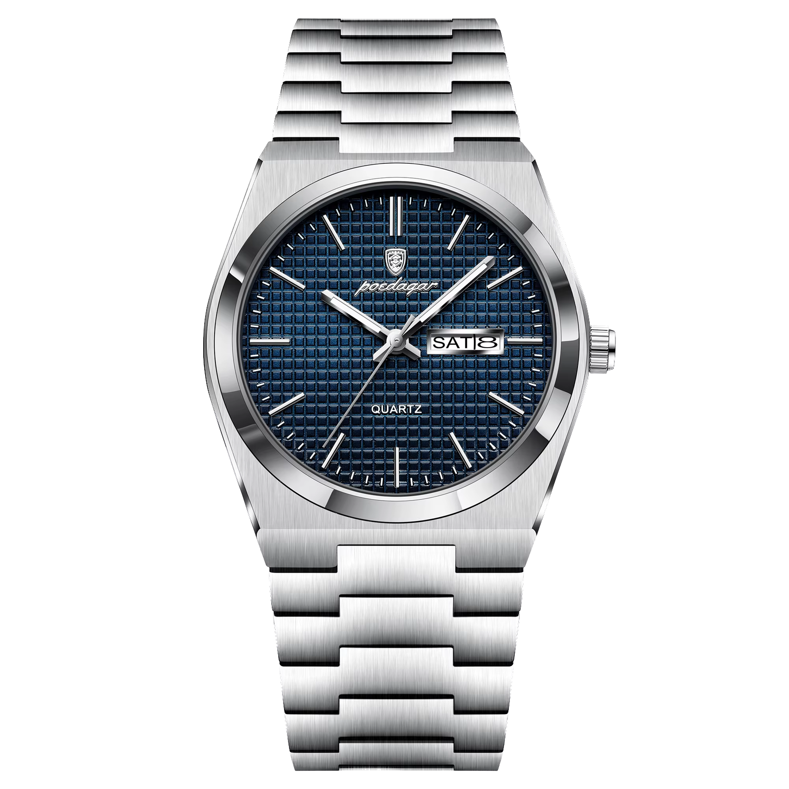 POEDAGAR 821S quartz watch with silver case and blue textured dial, front view