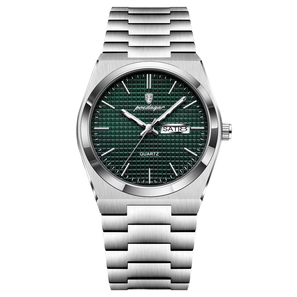 POEDAGAR 821S quartz watch with silver case and green dial, front view