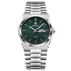 POEDAGAR 821S quartz watch with silver case and green dial, front view