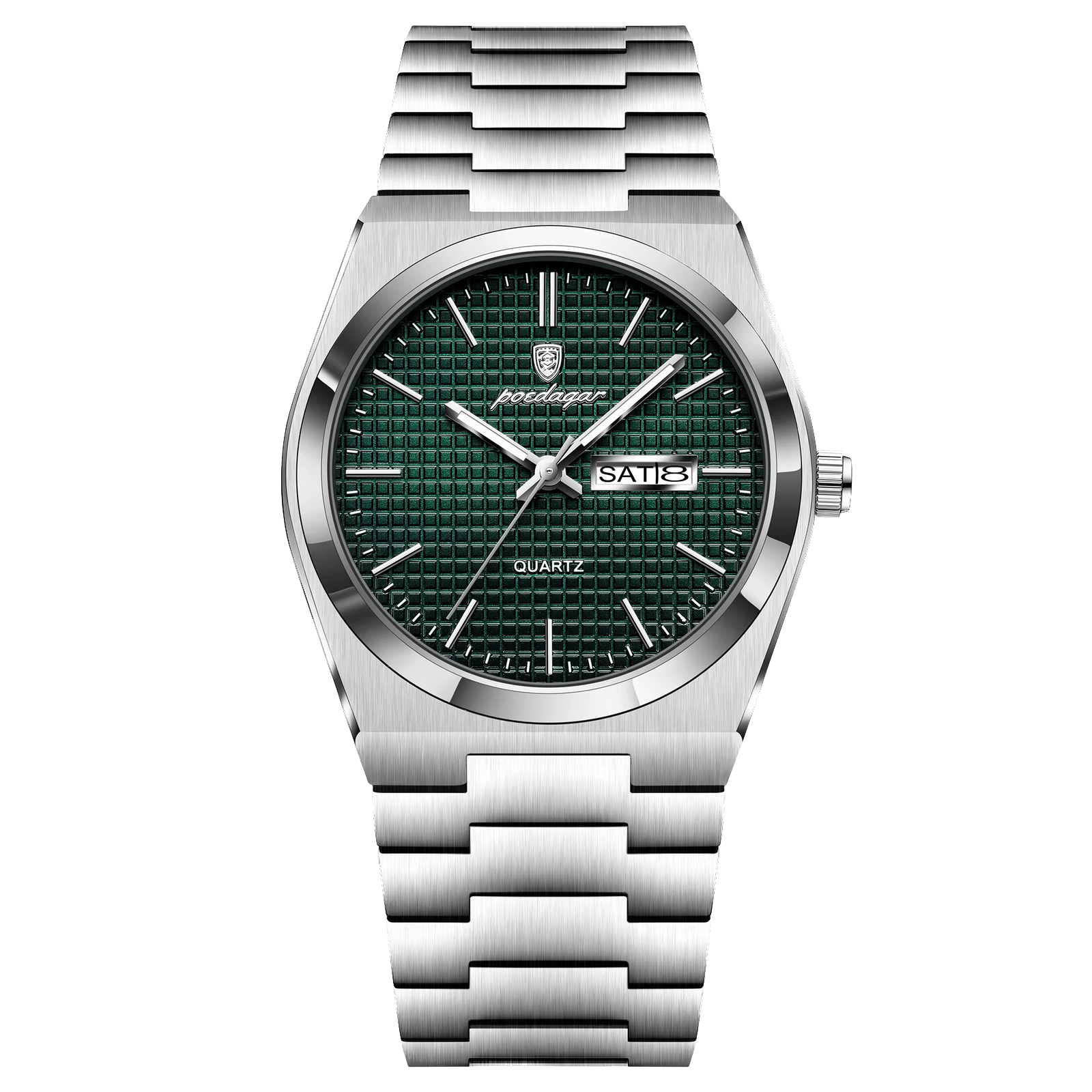POEDAGAR 821S quartz watch with silver case and green dial, front view