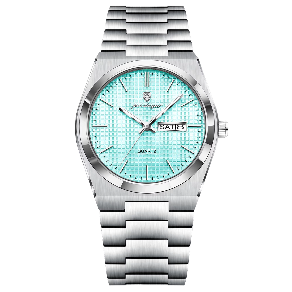 POEDAGAR 821S men's quartz watch with mint blue textured dial and silver bracelet, front view