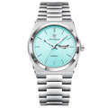 POEDAGAR 821S men's quartz watch with mint blue textured dial and silver bracelet, front view