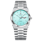 POEDAGAR 821S men's quartz watch with mint blue textured dial and silver bracelet, front view