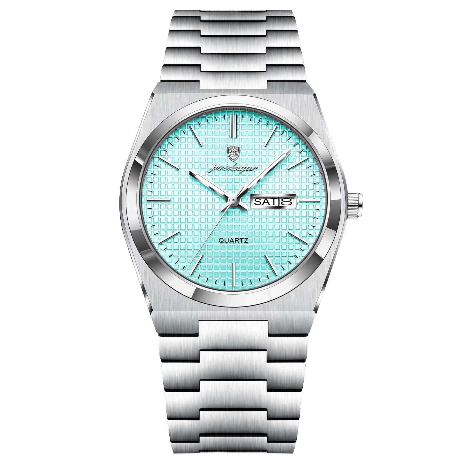 POEDAGAR 821S men's quartz watch with mint blue textured dial and silver bracelet, front view