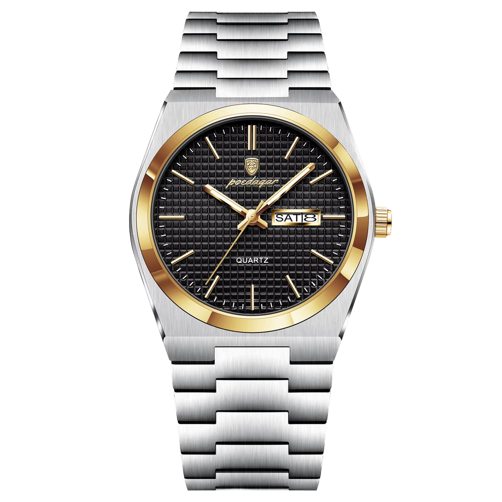 POEDAGAR 821S quartz watch with black dial, gold bezel and silver bracelet, front view