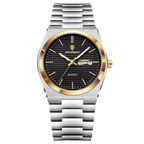 POEDAGAR 821S quartz watch with black dial, gold bezel and silver bracelet, front view