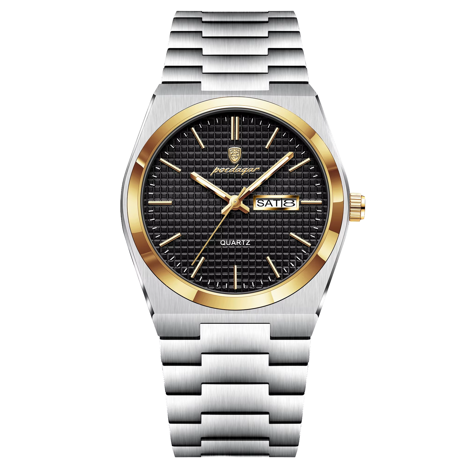 POEDAGAR 821S quartz watch with black dial, gold bezel and silver bracelet, front view