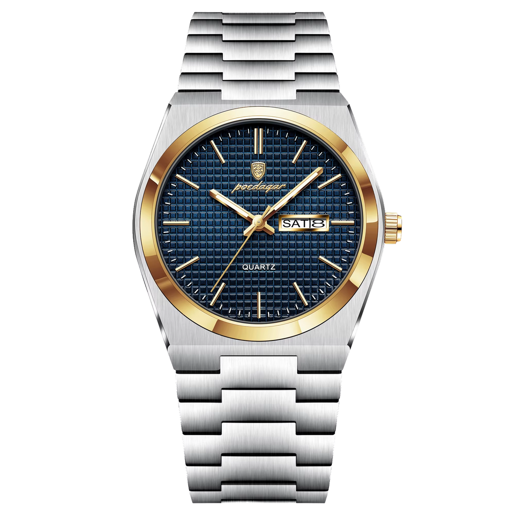 POEDAGAR 821S quartz watch with blue dial, gold bezel and silver bracelet, front view