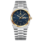 POEDAGAR 821S quartz watch with blue dial, gold bezel and silver bracelet, front view