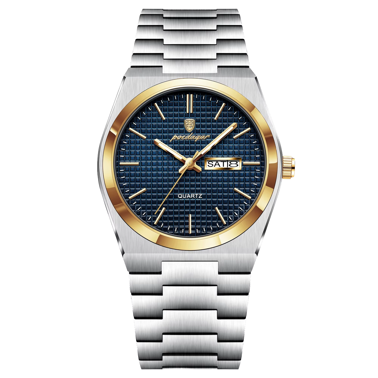 POEDAGAR 821S quartz watch with blue dial, gold bezel and silver bracelet, front view