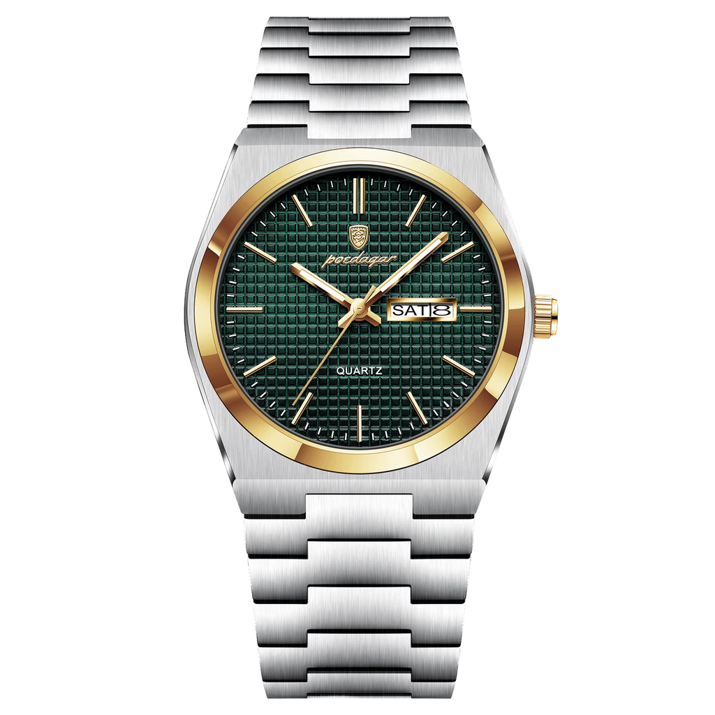 POEDAGAR 821S quartz watch with green dial, gold bezel and silver bracelet, front view