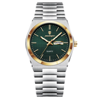 POEDAGAR 821S quartz watch with green dial, gold bezel and silver bracelet, front view